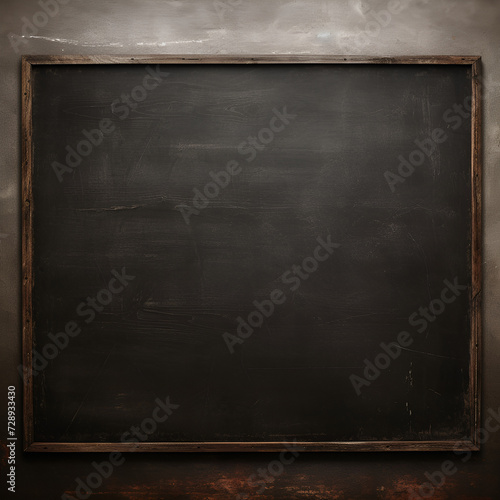 A blank blackboard on a wall. An old used black board on a grungy dim classroom. Generative AI