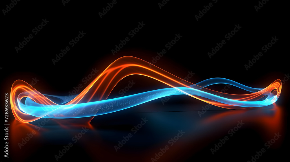 Blue and orange modern light tail waves and lines on black background, futuristic neon glowing light design