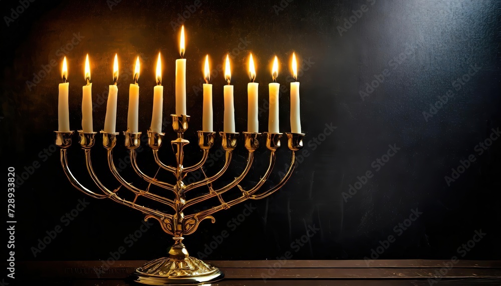 An ornate gold menorah with glowing white candles on a black background with light in the corner An ornate gold menorah with glowing white candles on a black background with light in the corner