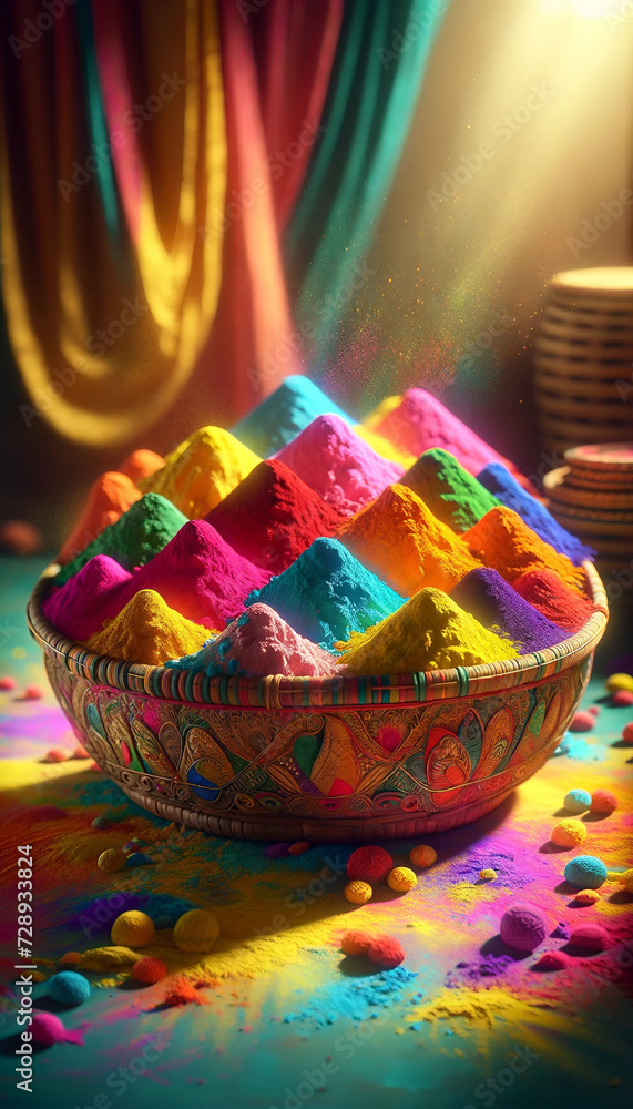A brightly colored depiction of the Holi festival with traditional Indian gulal powders in a handcrafted bowl, symbolizing joy and cultural heritage.