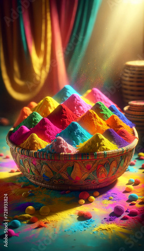 A brightly colored depiction of the Holi festival with traditional Indian gulal powders in a handcrafted bowl, symbolizing joy and cultural heritage.