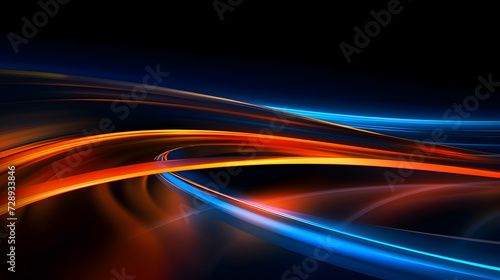 Blue and orange modern light tail waves and lines on black background, futuristic neon glowing light design