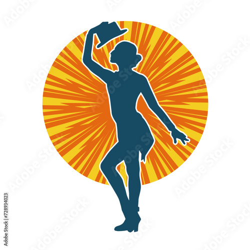 Silhouette of a female cabaret dancer in action pose. Silhouette of a fancy outfit woman dancing happily.