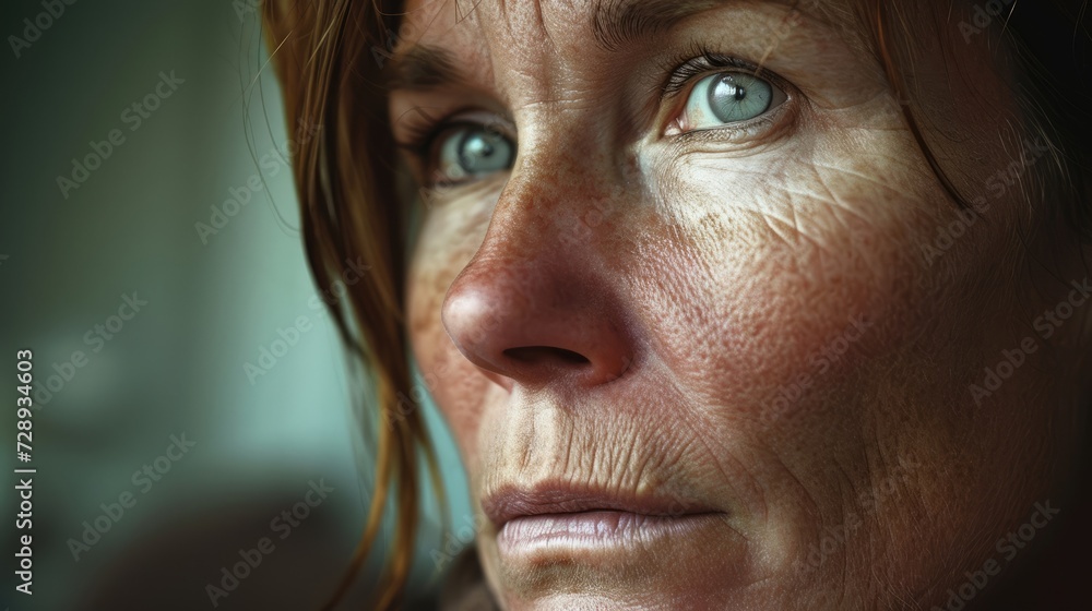 A closeup of a middleaged woman with a pensive look signifying the deep introspection and selfreflection that can occur during a depressive episode. A closeup of a middleaged woman with a pensive look signifying the deep introspection and selfreflection that can occur during a depressive episode.