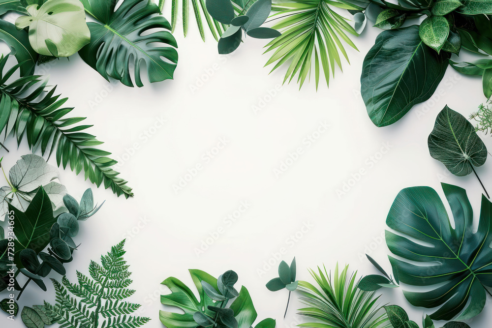 Top view tropical green leaves frame border on white background, Flat lay Minimal fashion summer holiday vacation concept - obrazy, fototapety, plakaty 