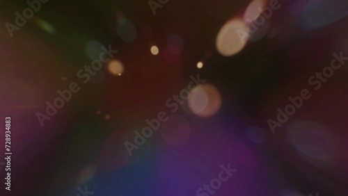 Blurred bokeh background of purple and gold colors with light particles on a dark background. Abstract defocused photo effect, light leaks from the lens flickering around. Slow looping animation photo