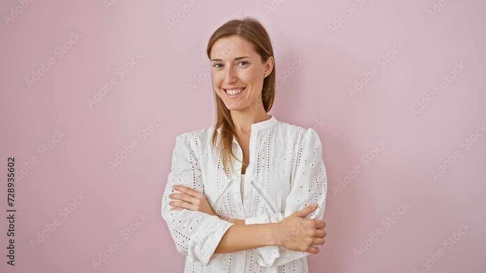 Cheerful young woman strikes a confident pose, arms crossed, radiating positivity. attractive female flashes a friendly smile, looking straight at the camera. isolated over a cool pink background. Cheerful young woman strikes a confident pose, arms crossed, radiating positivity. attractive female flashes a friendly smile, looking straight at the camera. isolated over a cool pink background.