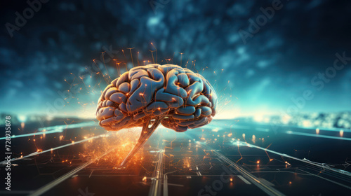 An artistic depiction of the human brain in a futuristic digital landscape, merging neural complexities with technological advancements