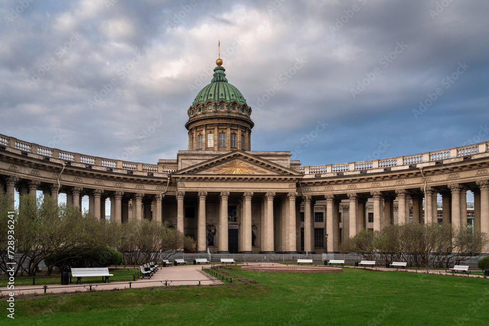 View of the Kazan Cathedral (Cathedral of the Kazan Icon of the Mother of God) on Nevsky Prospekt  on a sunny summer morning, St. Petersburg, Russia