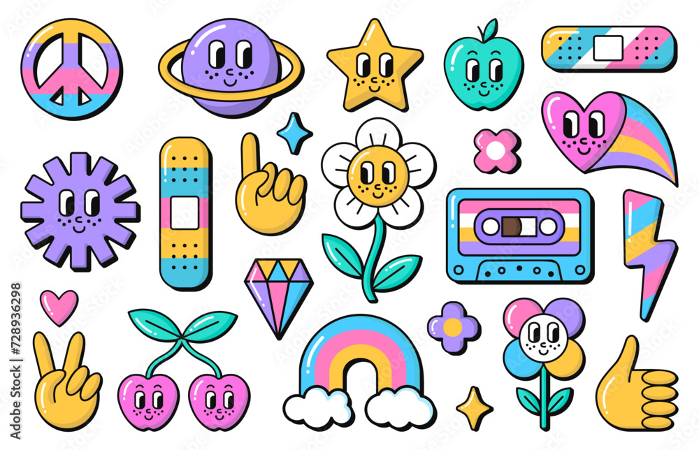 Retro nostalgic groovy 90s stickers. Vintage doodle style  rainbow,  heart and peace symbols. Funny star, smiley daisy flower, magic crystal, medical patch signs. EPS 10 vector illustrations.