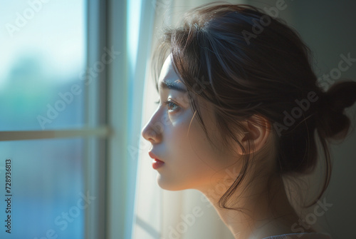 窓辺の日本人女性。AI生成画像 © saharam