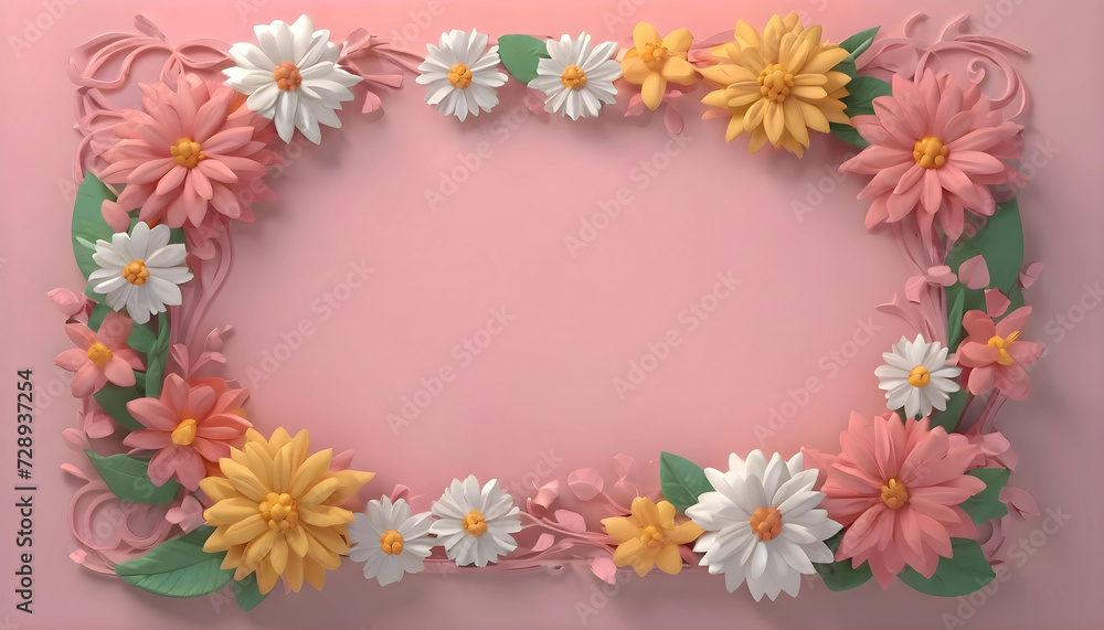 Origami style flower frame. white, yellow, pink flowers and leaves. pink background. feminine, delicate illustration
