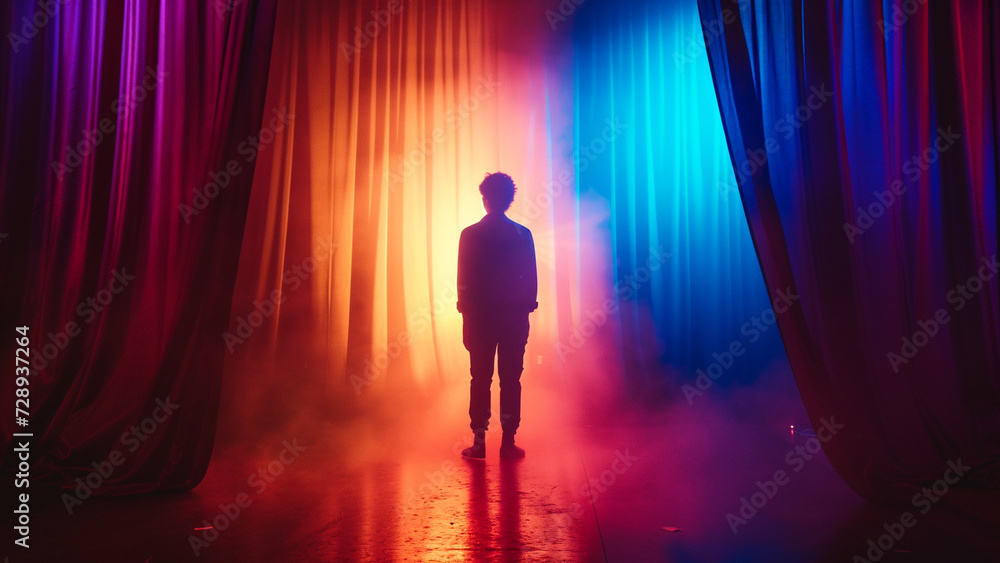 Dramatic Performance Silhouette in Spotlight with Theater Curtains Dramatic Performance Silhouette in Spotlight with Theater Curtains