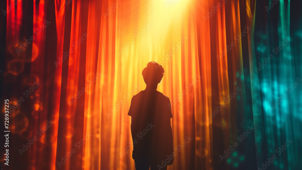 Dramatic Performance Silhouette in Spotlight with Theater Curtains Dramatic Performance Silhouette in Spotlight with Theater Curtains