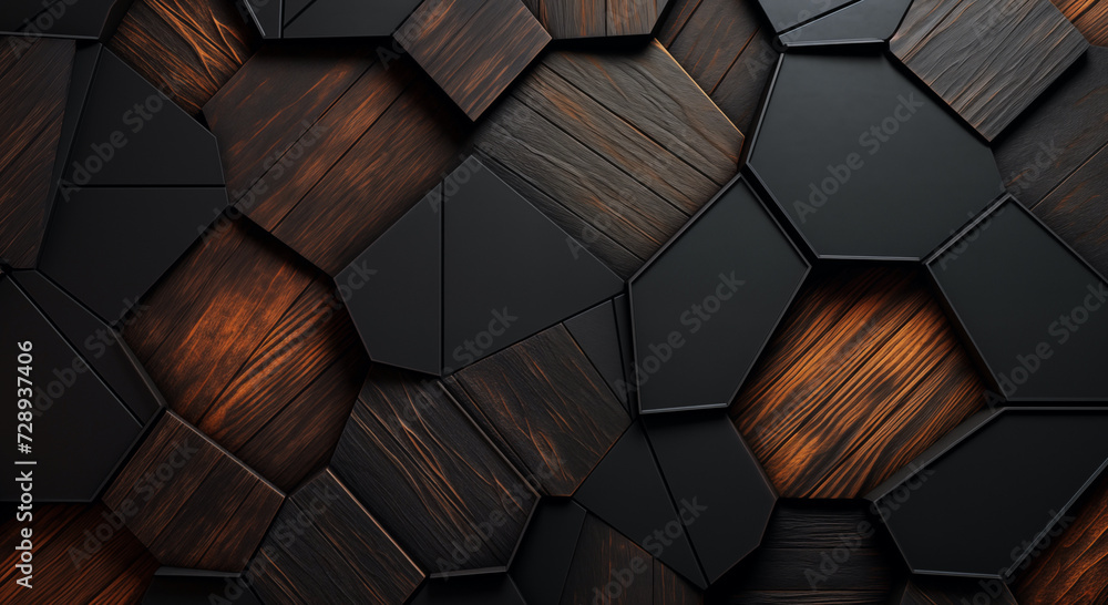 background image of a textured wall with wooden geometric polygonal shapes protruding out in a 3d high-end wall art installation - obrazy, fototapety, plakaty 