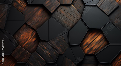 background image of a textured wall with wooden geometric polygonal shapes protruding out in a 3d high-end wall art installation photo