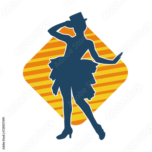 Silhouette of a female cabaret dancer in action pose. Silhouette of a fancy outfit woman dancing happily.