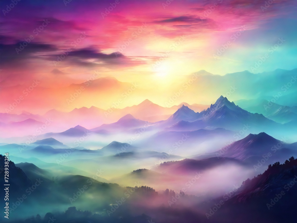 Silhouette mountains with colorful morning fog. design for poster, banner, flyer, web, social media. ai generative design