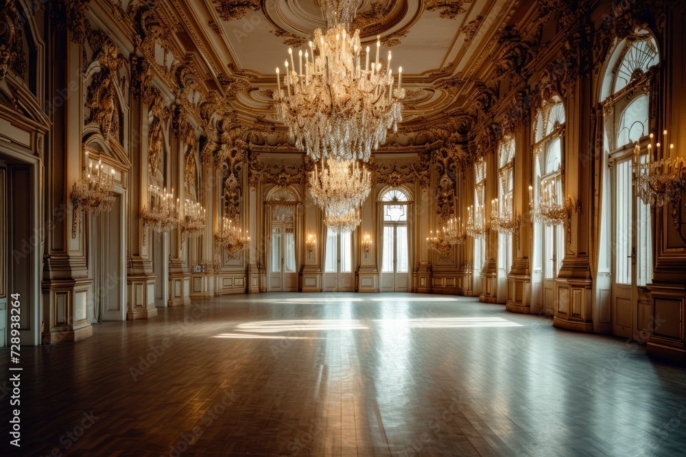 An Antique Ballroom with Crystal Chandeliers and Ornate decor. Generative AI.
