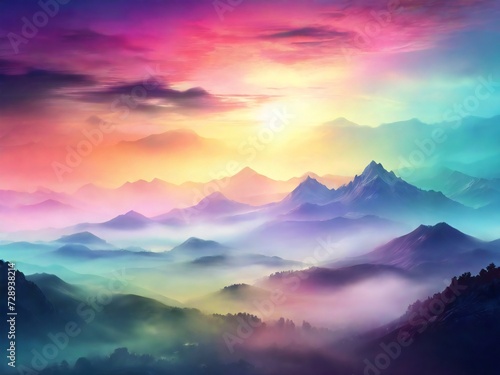 Silhouette mountains with colorful morning fog. design for poster, banner, flyer, web, social media. ai generative design