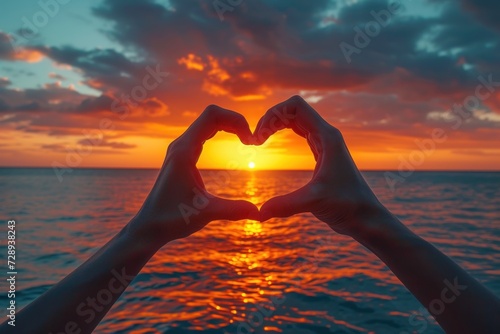 Making heart shape with hand and framing sunset. Generative AI.