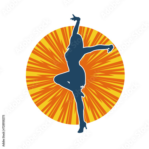 Silhouette of a female cabaret dancer in action pose. Silhouette of a fancy outfit woman dancing happily.