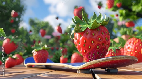 In a world where strawberries rule the skatepark one berry stands out a the rest. Follow this determined fruit as it conquers the strawberryshaped skateboard ramp with ease #728938289