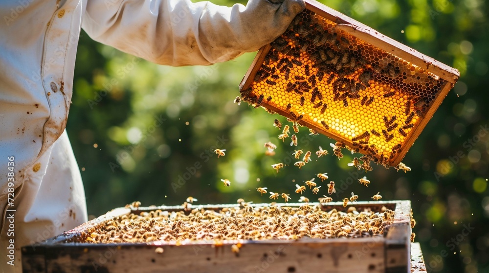 Beekeeper Inspecting Honeycomb Frame in the Field. Generative ai Beekeeper Inspecting Honeycomb Frame in the Field. Generative ai