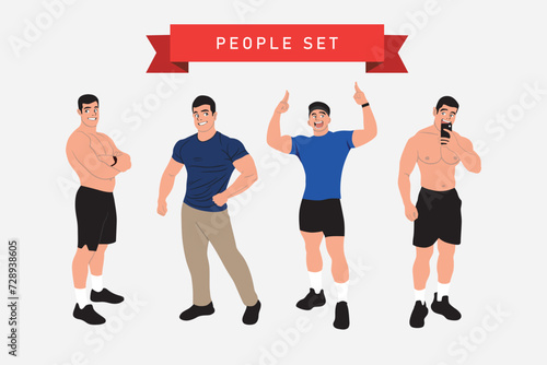 Set of cartoon vector illustrations of men in different sportswear.