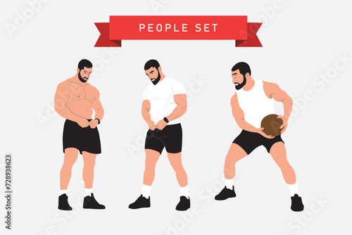 Fitness and bodybuilding. Man doing exercises with dumbbells. Vector illustration