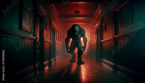 A terrifying beast monster is walking forward in a corridor of a house photo