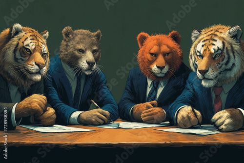 In a surreal twist, four animals, each adorned in tailored suits, gather around a table, engaging in a serious meeting, discussing matters of utmost importance in the animal kingdom photo