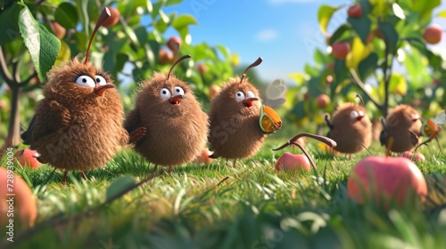 Cartoon scene of a group of mischievous kiwis using slingshots to protect their precious orchards from pesky birds trying to sneak a bite.