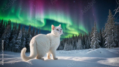 A majestic white cat exploring a snowy forest under the northern lights Generative AI