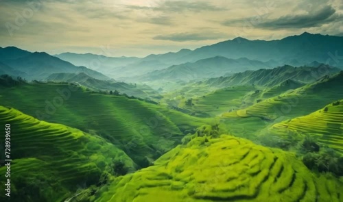 aerial view of expanses of green rice fields, rural vibe photo