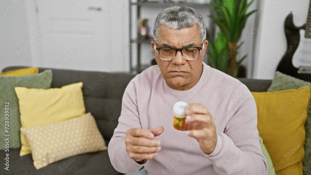A mature man examines medication at home, signaling health awareness in a comfortable domestic setting. A mature man examines medication at home, signaling health awareness in a comfortable domestic setting.