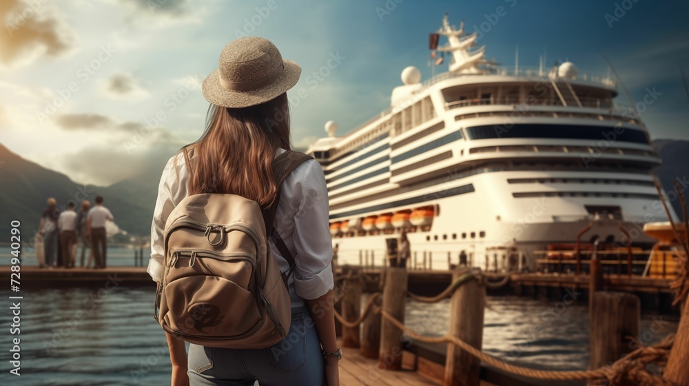 Tourist girl with backpack and hat standing at the front port of a large cruise ship. generative ai