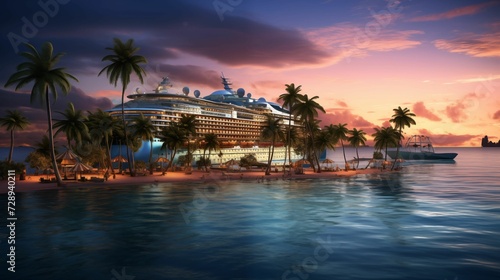 view of a tropical beach on a cruise ship sailing into harbor at dusk. generative ai