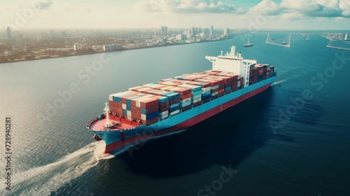 Container ship leaving port, aerial view during daytime. generative ai