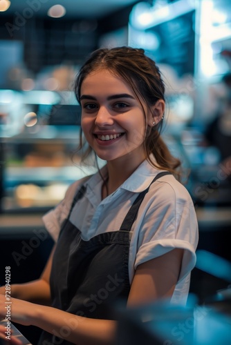 portrait of smiling female barista in apron working in cafe