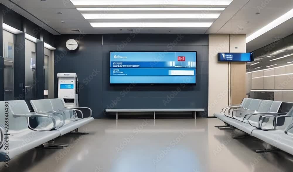 comfortable and modern waiting room with screens displaying information comfortable and modern waiting room with screens displaying information