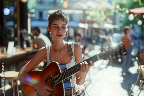 Young woman playing guitar in the street on a sunny summer day.