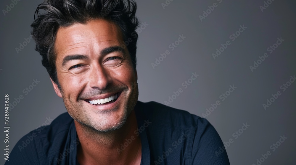 Portrait of a handsome man laughing against a grey background. Men's beauty, fashion.