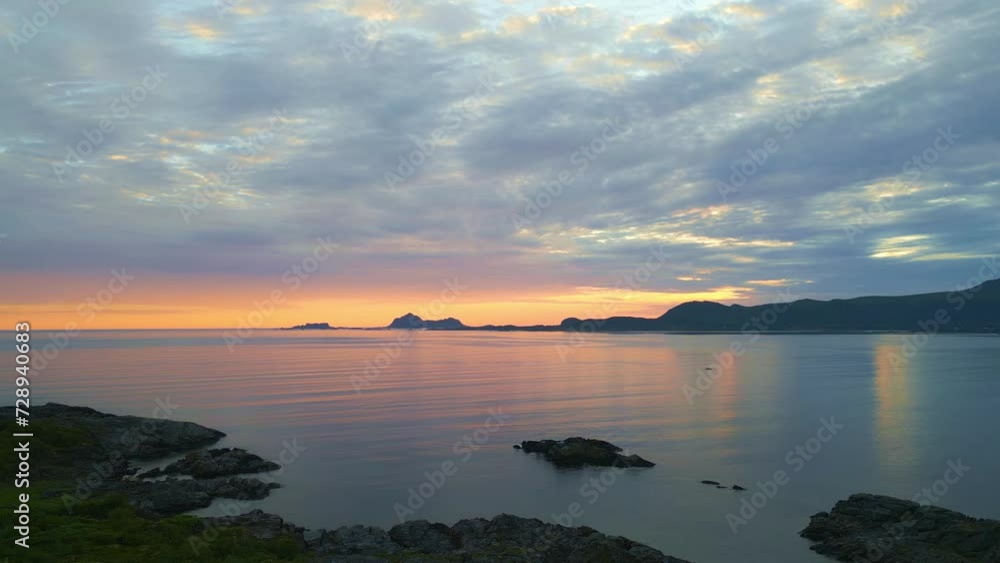 Lofoten island sea flight, drone flight over arctic water during sunset on the lofoten islands. Lofoten island sea flight, drone flight over arctic water during sunset on the lofoten islands.