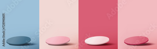Set of blank circle pedestal view tilted stylish for display on blue, peach, and pink  background. Minimal style. Vector illustration.