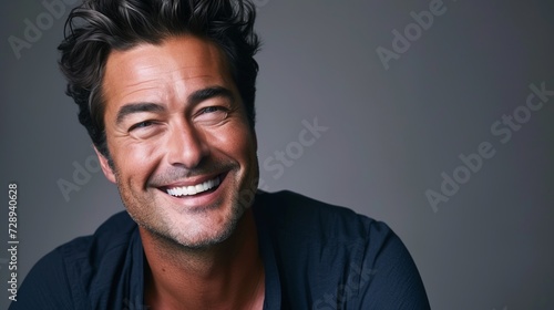 Portrait of a handsome man laughing against a grey background. Men's beauty, fashion.