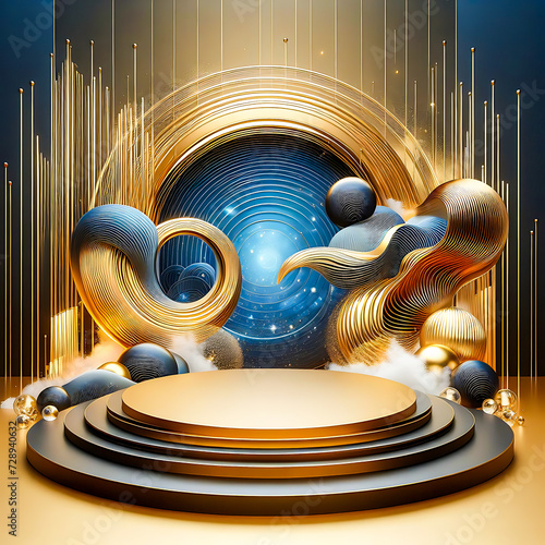 3D rendering abstract gold platform podium product presentation backdrop with luxury dip blue and gold