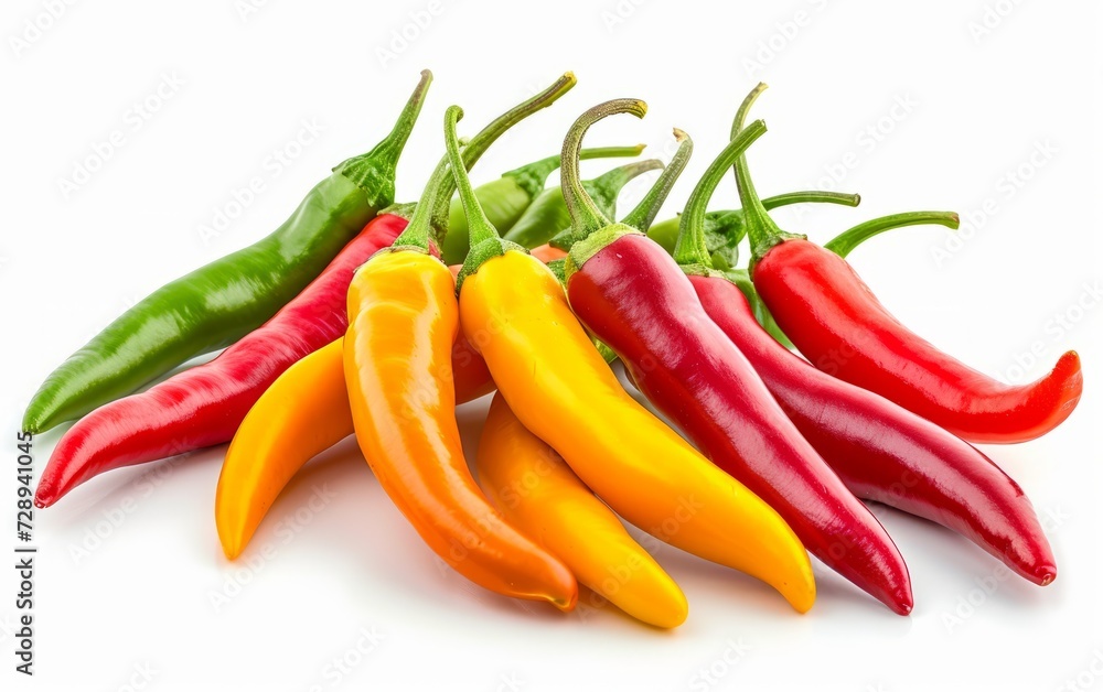 A variety of red and green peppers against a clean white backdrop