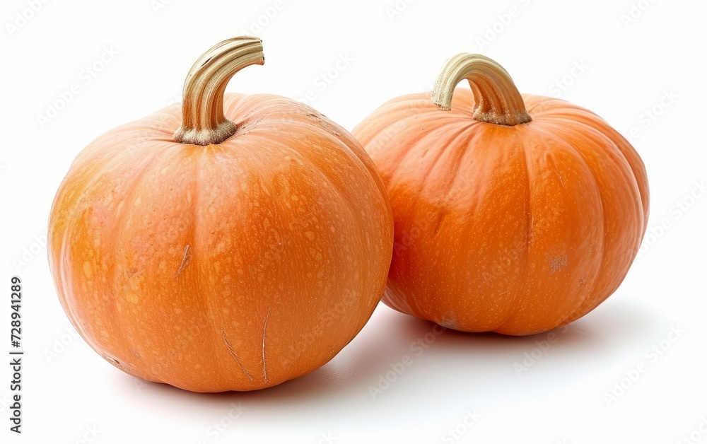 Bright orange and Japanese pumpkins stand against a pristine white background. Bright orange and Japanese pumpkins stand against a pristine white background.