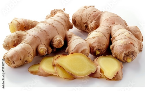 Close-up photo of ginger root Characterized by a bulbous head and sheaths. Ginger placed on a white background Focus on natural textures